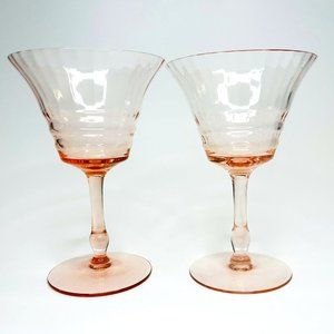 Pair of Vintage Cambridge Glass Pink Panel Optic Stem Wine Glasses Elegant 5.25"